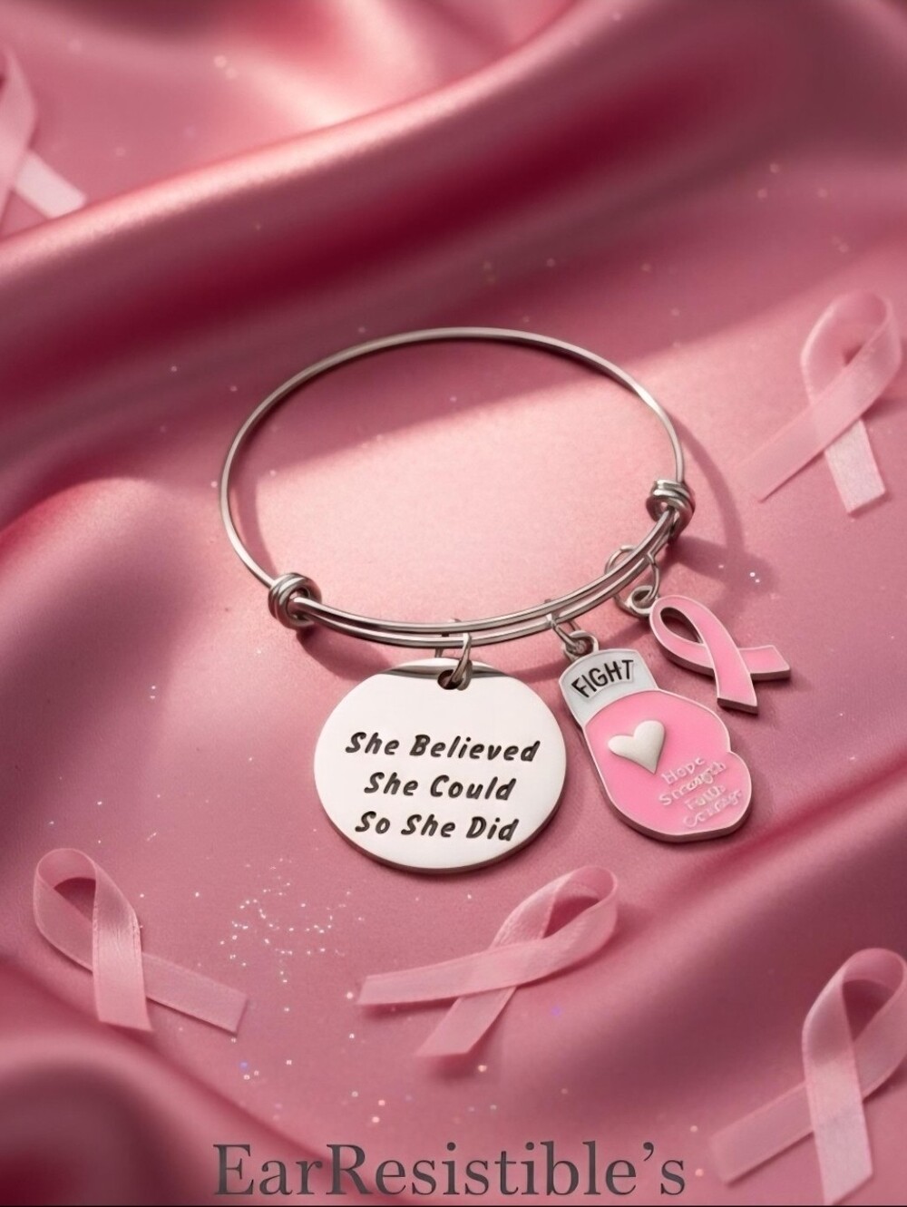 She Believed She Could Breast Cancer Awareness Bangle Charm Bracelet